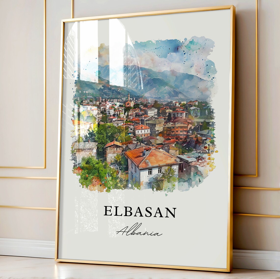 Elbasan Albania Mountain City Rooftops Watercolor Travel Poster - Image 4