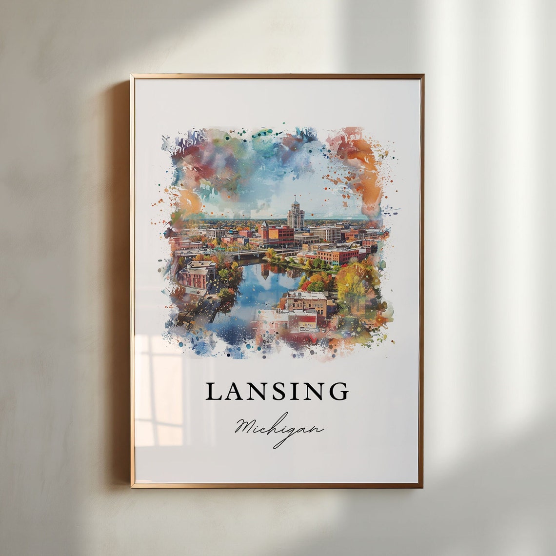 Lansing Michigan Watercolor Downtown River Autumn Scene Poster