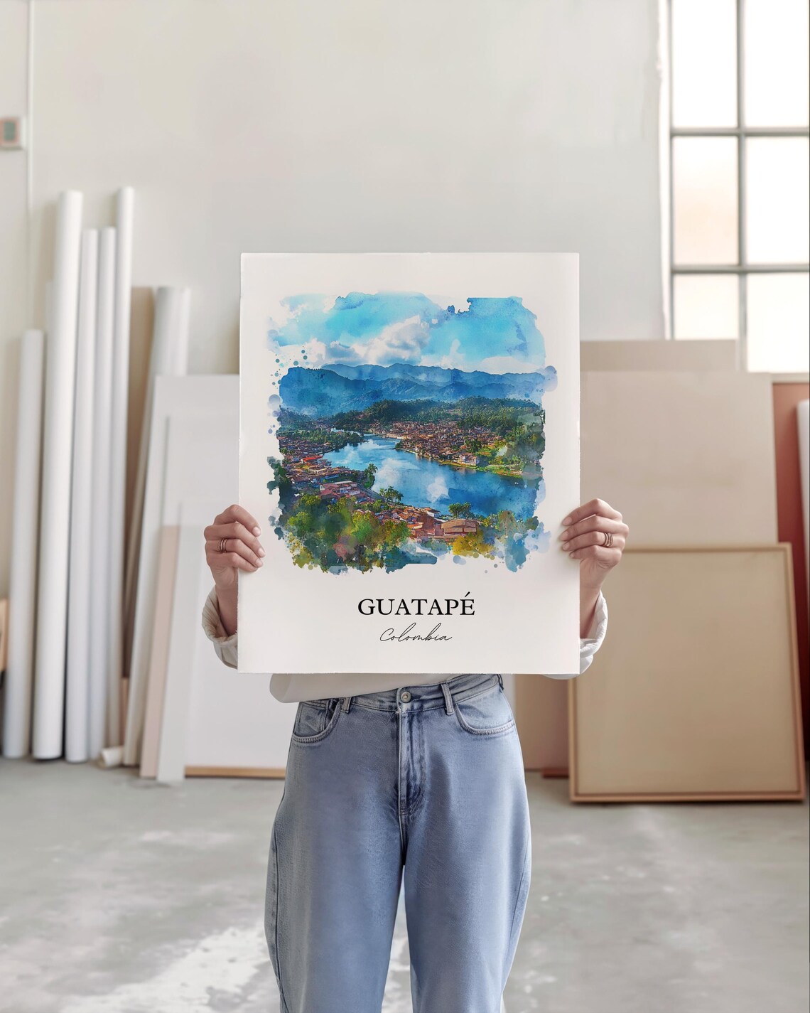 Guatape Colombia Watercolor Aerial Lake Town View Scene Poster - Image 4
