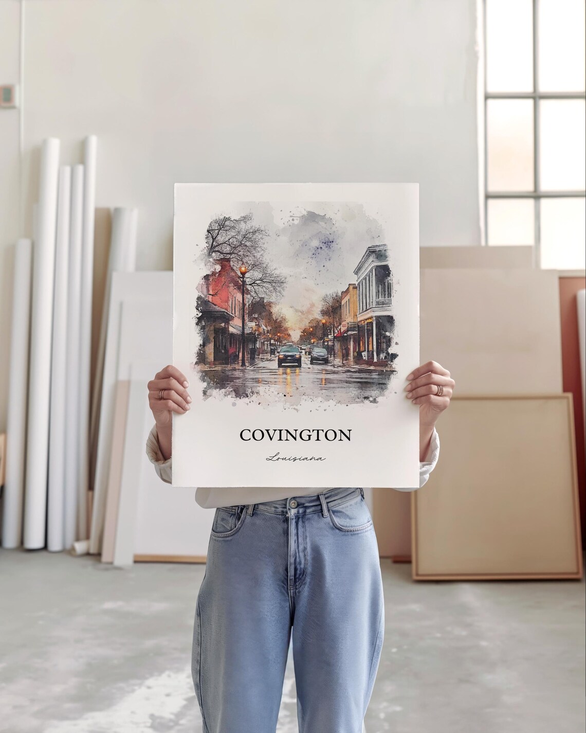 Covington Louisiana Watercolor Rainy Downtown Street Art Poster - Image 3