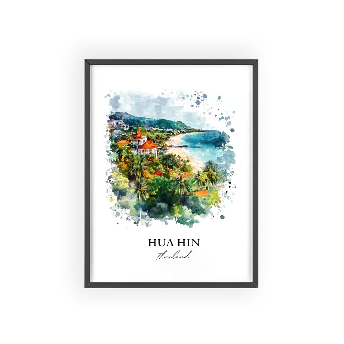 Hua Hin Thailand Watercolor Beach Palm Trees Seaside Art Poster - Image 2