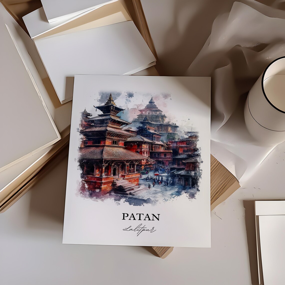 Patan Lalitpur Nepal Watercolor Pagoda Temples Travel Poster - Image 3