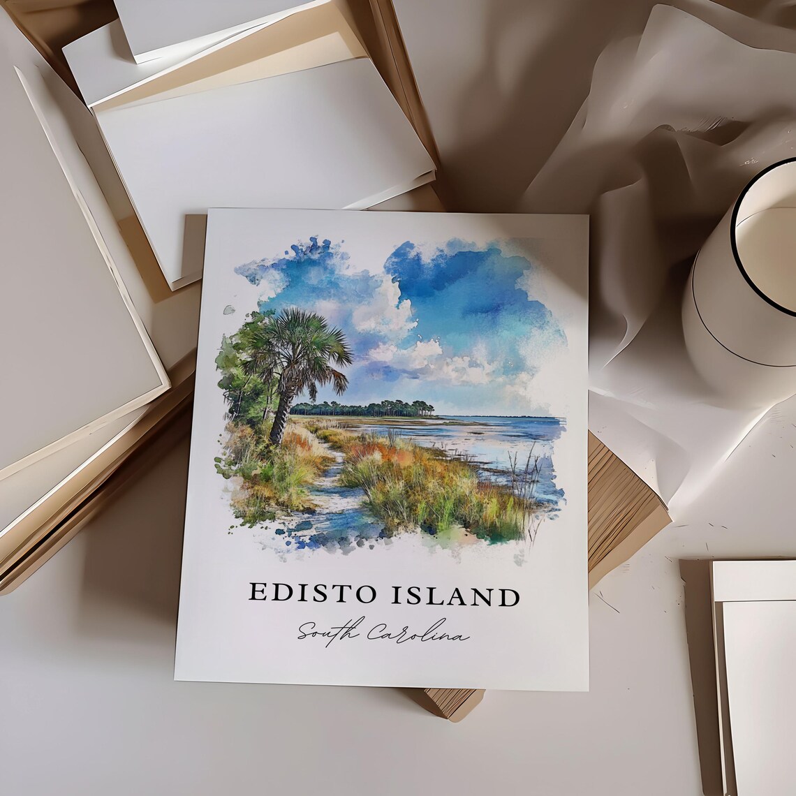 Edisto Island South Carolina Marsh Palm Shore Watercolor Poster - Image 6