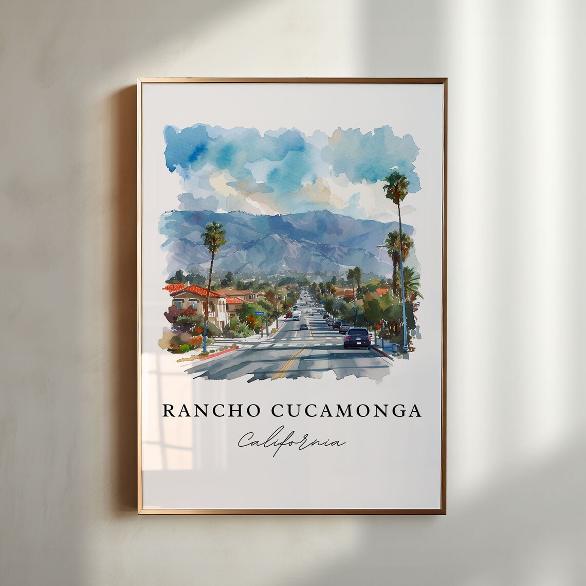 Rancho Cucamonga California Palm Boulevard Watercolor Travel Poster