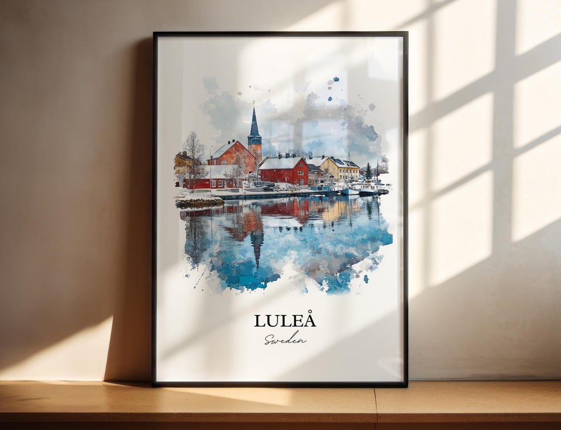 Luleå Sweden Harbor Reflection Watercolor Minimalist Travel Poster