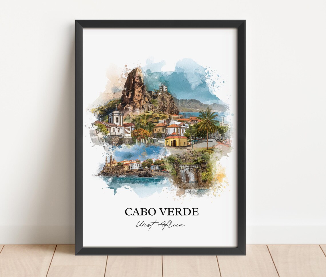 Cabo Verde West Africa Rocky Peak Coast Watercolor Travel Poster - Image 3
