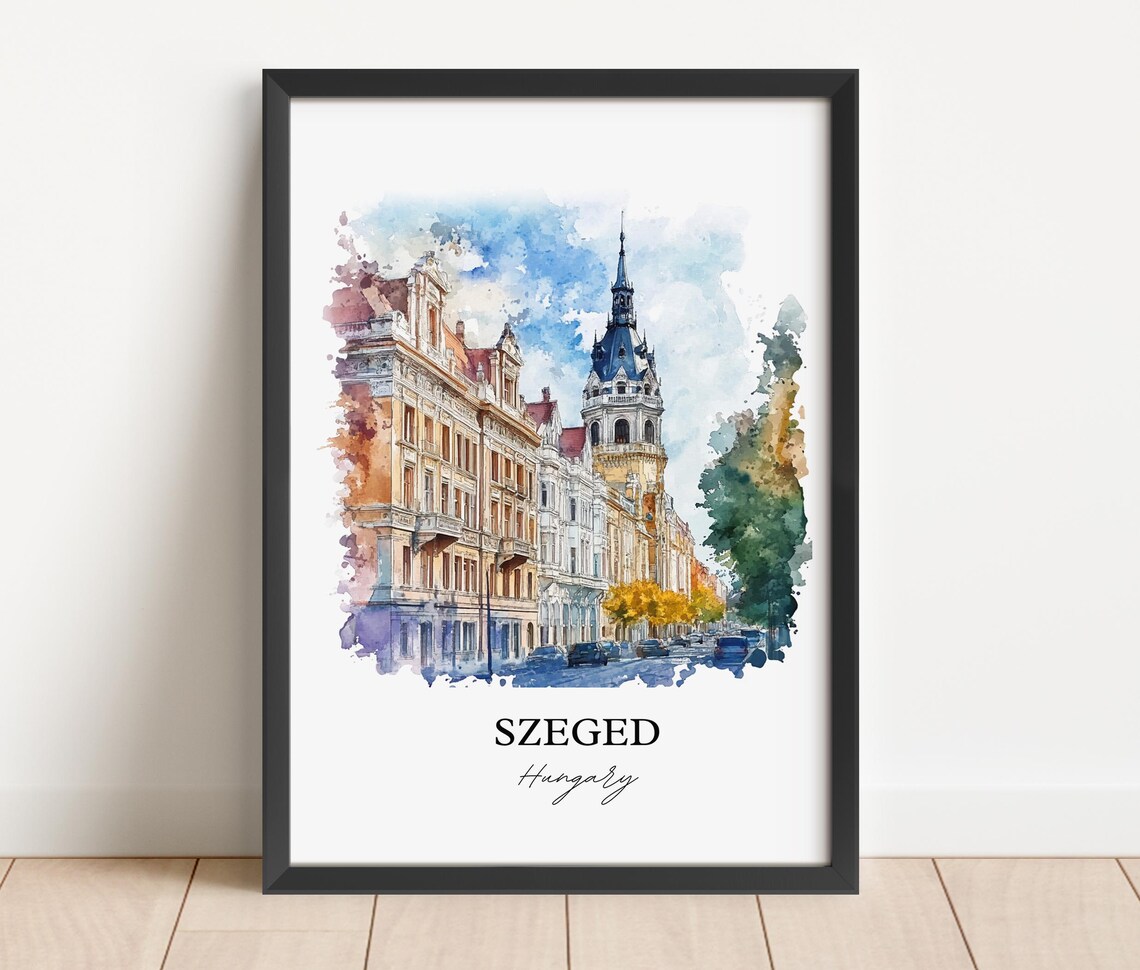 Szeged Hungary Watercolor Grand Avenue Historic Tower View Poster - Image 3