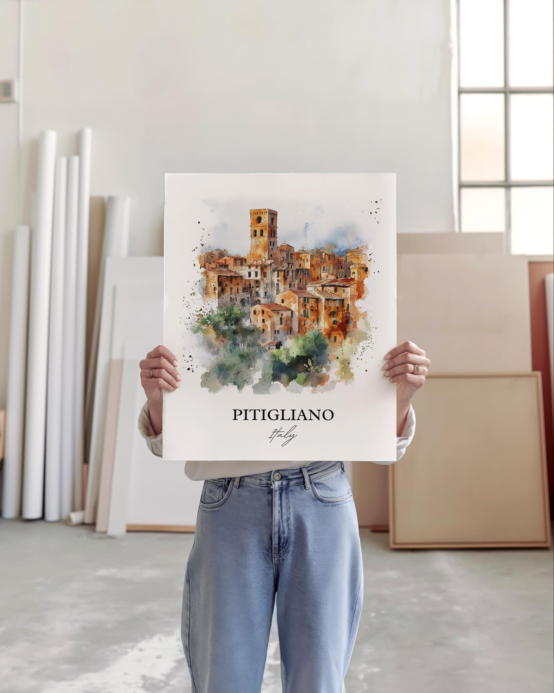 Pitigliano Italy Tufa Hilltop Town Bell Tower Watercolor Travel Poster - Image 3