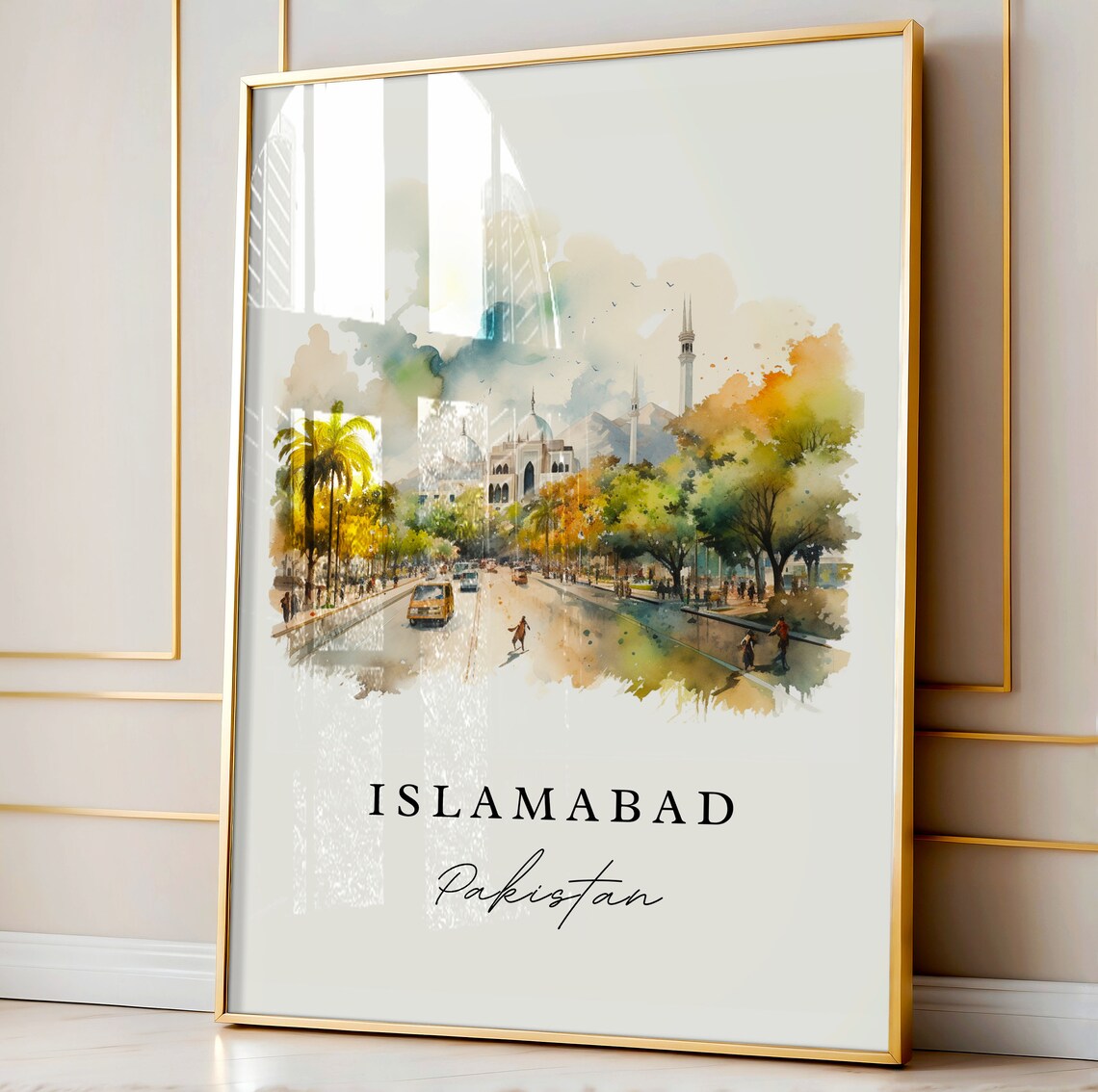 Islamabad Pakistan Watercolor Tree Lined Street Mosque Travel Gift Poster - Image 5