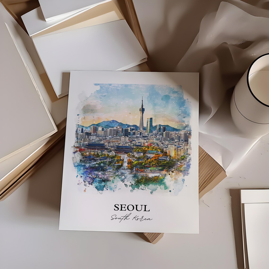 Seoul South Korea Watercolor N Tower Cityscape Travel Poster - Image 4