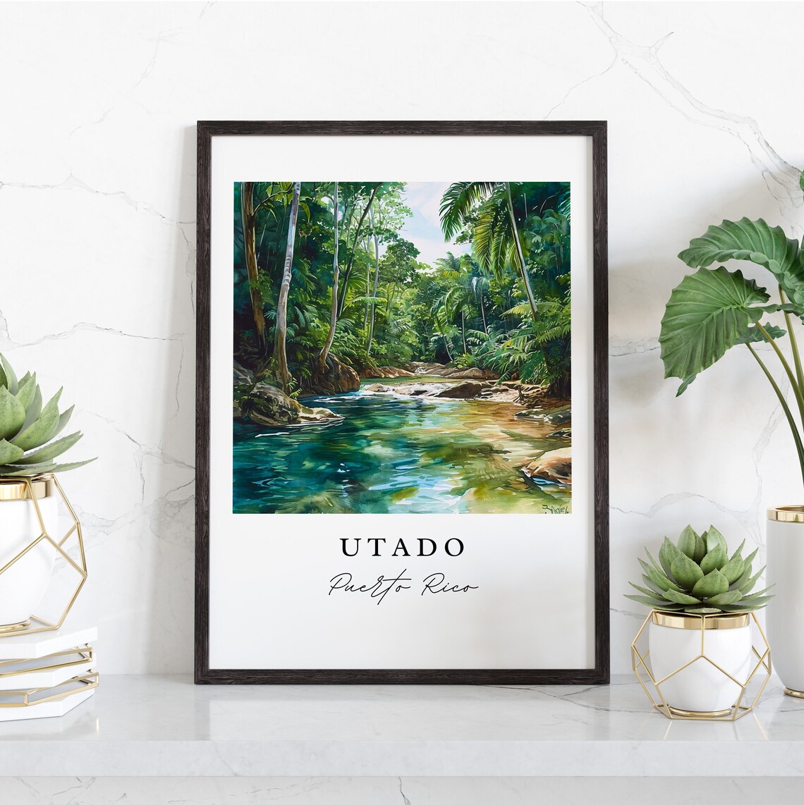 Utado Puerto Rico Watercolor Rainforest River Palms Nature Poster - Image 3