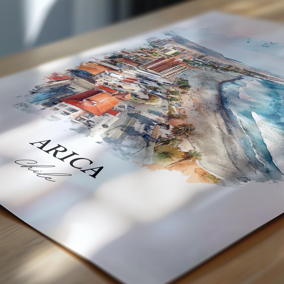 Arica Chile Watercolor Aerial Coastal City Beach Scene Poster - Image 3