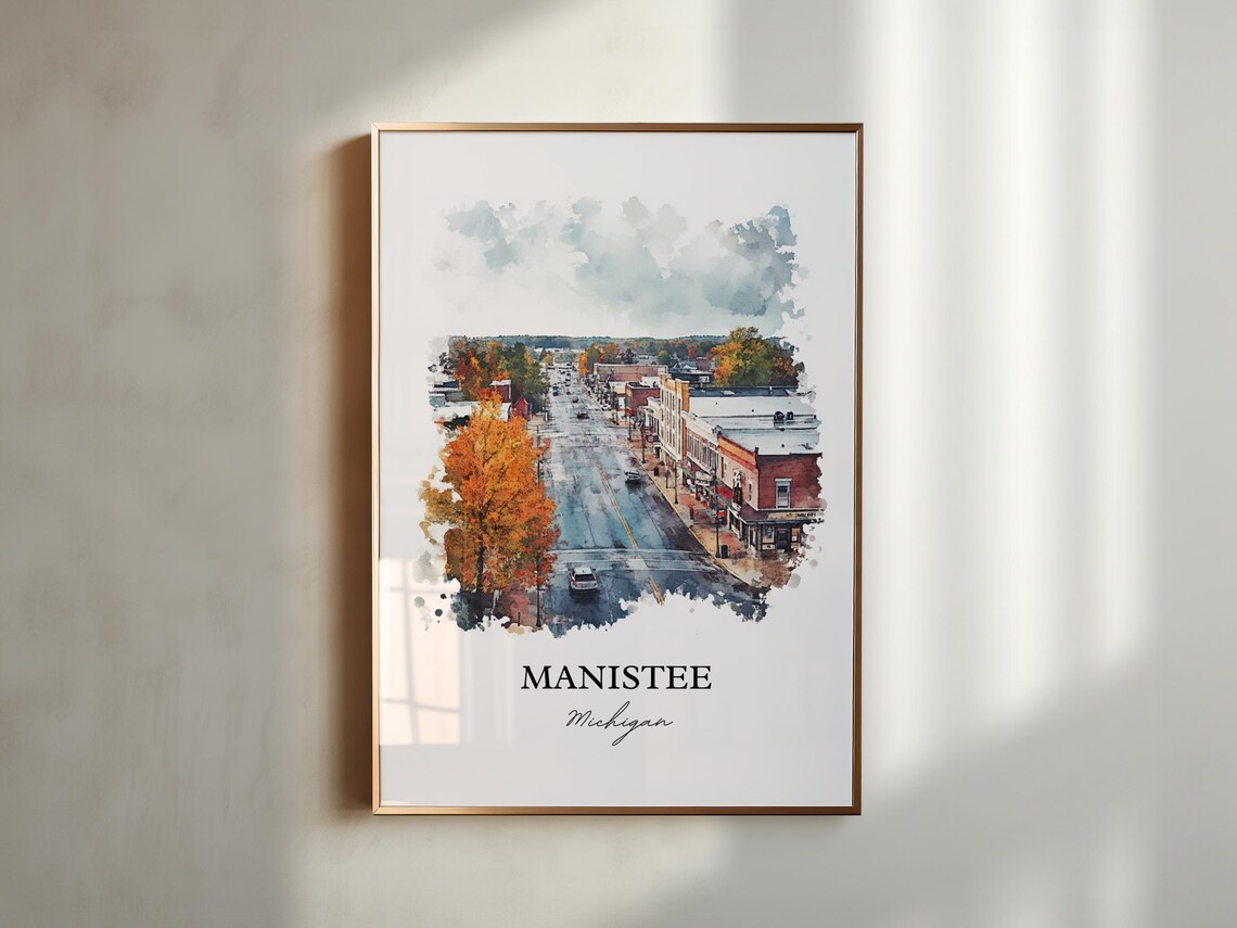 Manistee Michigan Autumn Main Street Small Town Watercolor Poster - Image 4