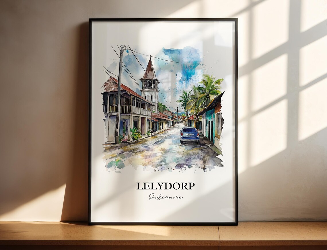 Lelydorp Suriname Church Street Watercolor Travel Art Poster
