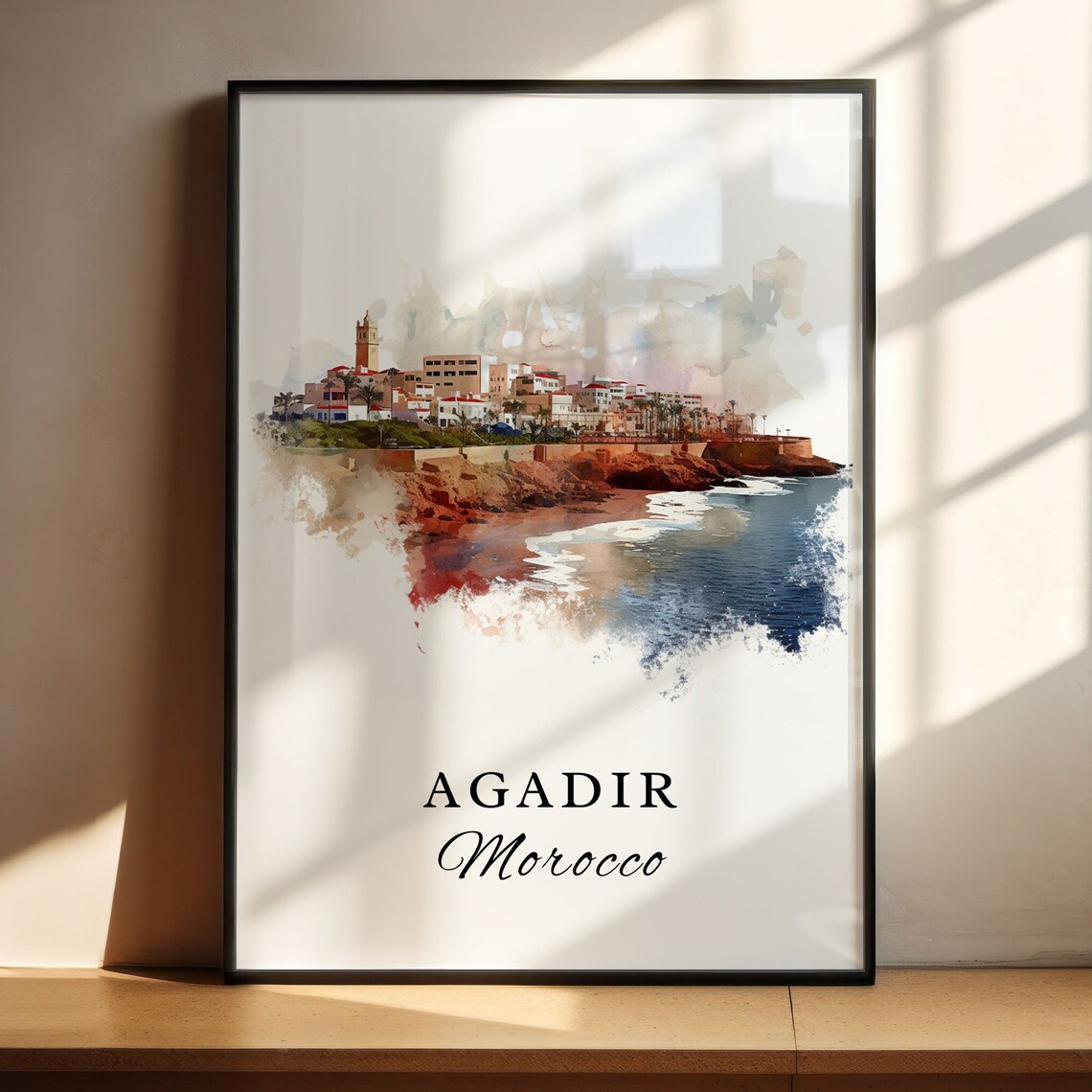Agadir Morocco Cliffside Coastline City Watercolor Travel Poster