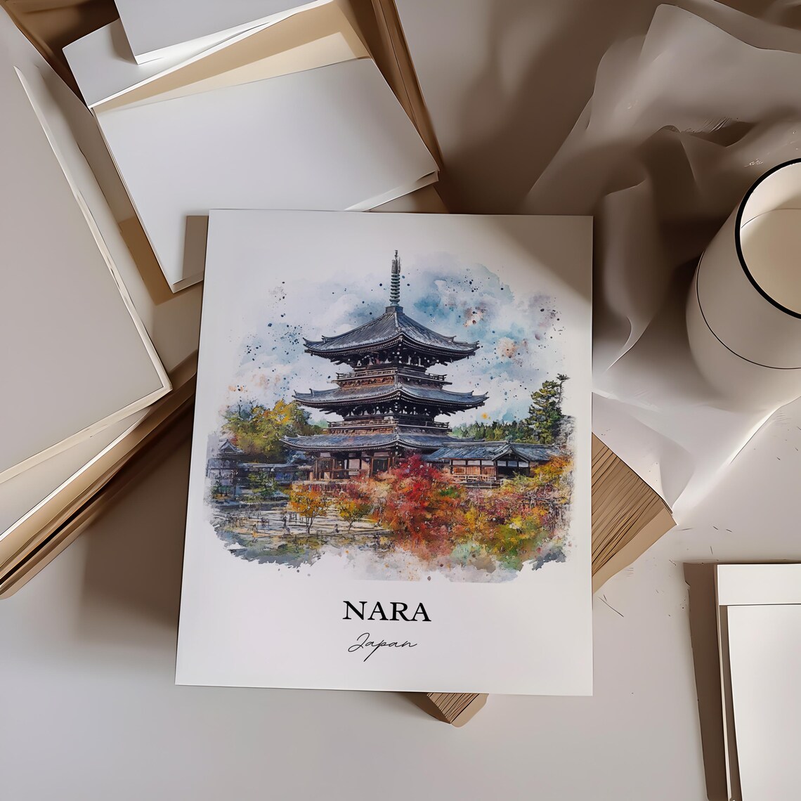 Nara Japan Watercolor Five Story Pagoda Autumn Temple Scene Poster - Image 2