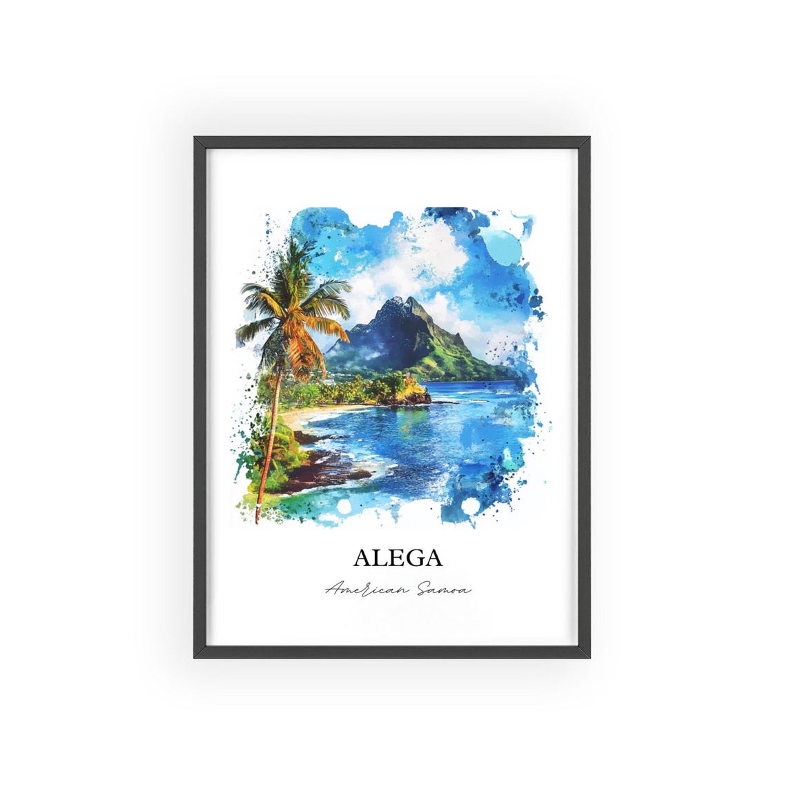 Alega American Samoa Volcanic Peak Palm Beach Watercolor Poster - Image 2