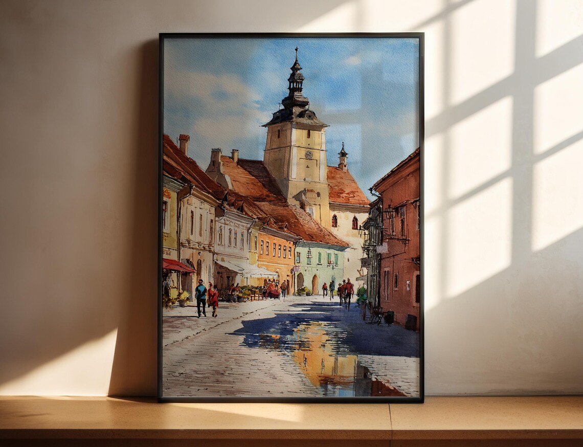 Sibiu Romania Watercolor Old Town Clock Tower Street Scene Print