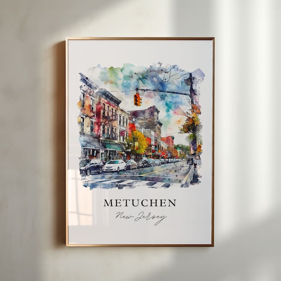 Metuchen New Jersey Watercolor Downtown Street Scene Art Poster