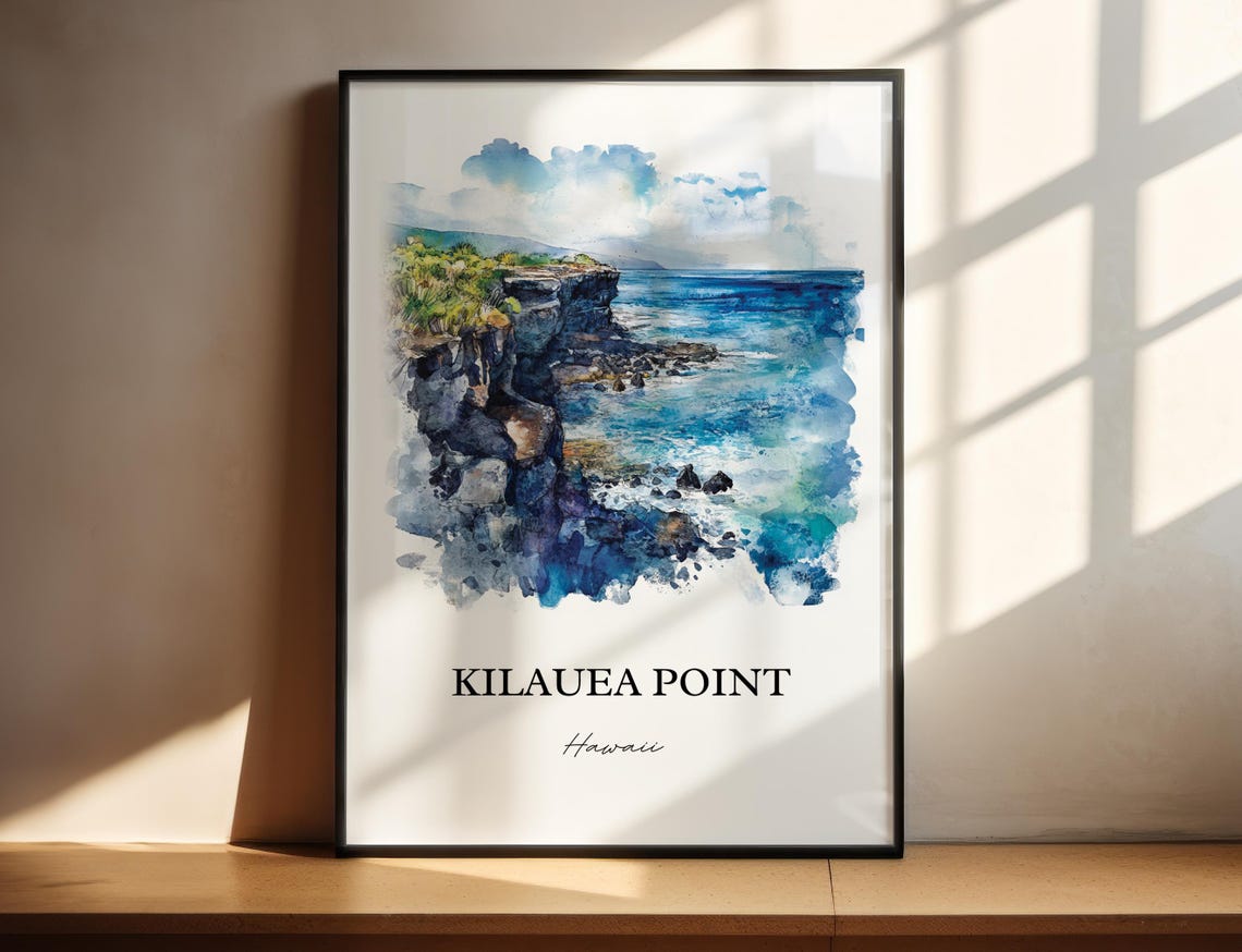 Kilauea Point Hawaii Rocky Sea Cliffs Crashing Waves Watercolor Poster