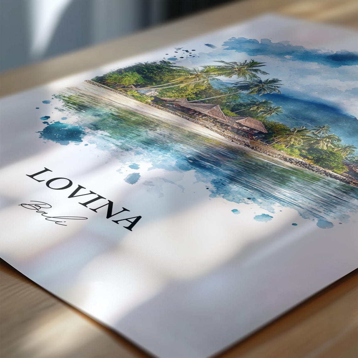 Lovina Bali Watercolor Palm Beach Mountain Bay Sunset Poster - Image 7