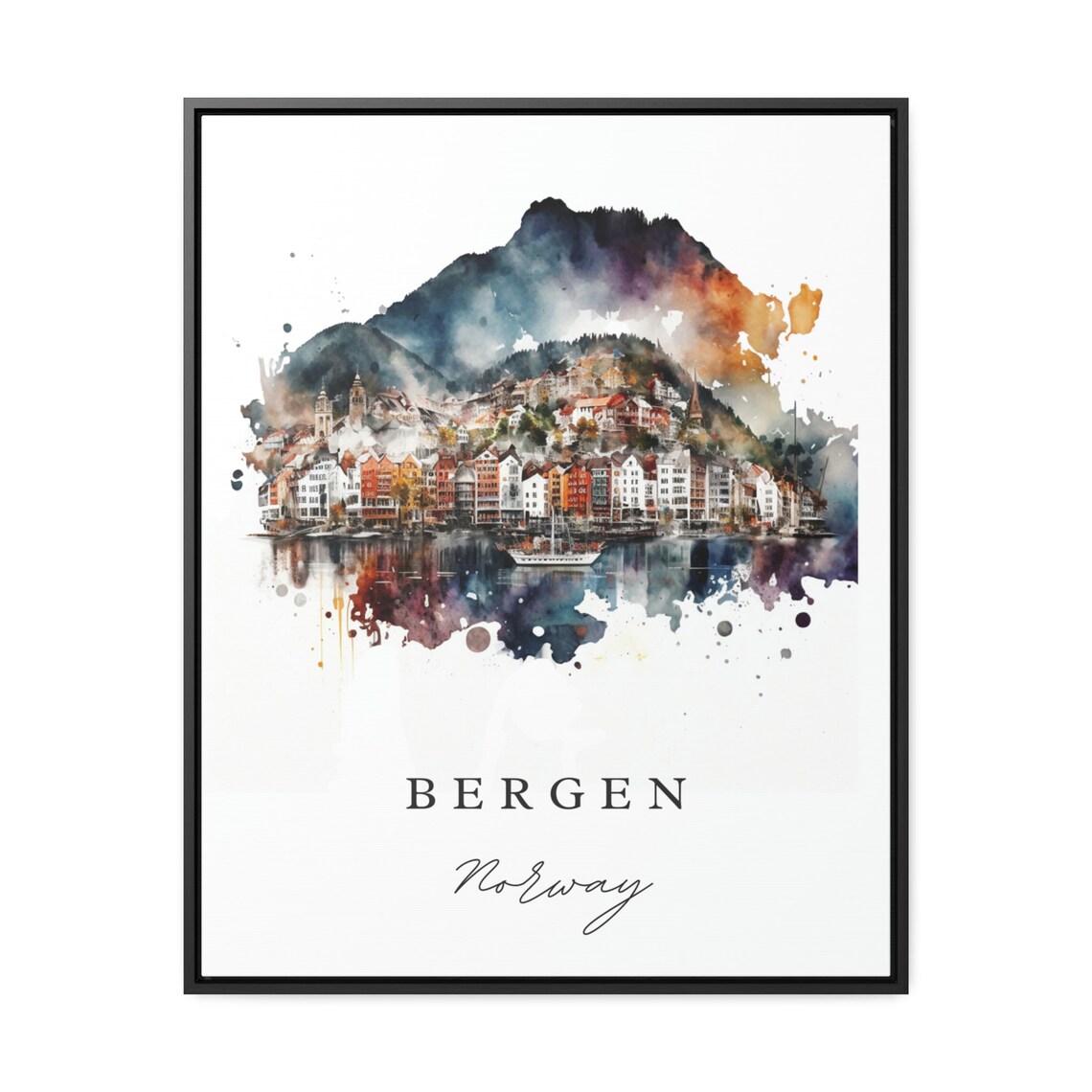 Bergen Norway Watercolor Harbor Mountain City Fjord View Poster - Image 2