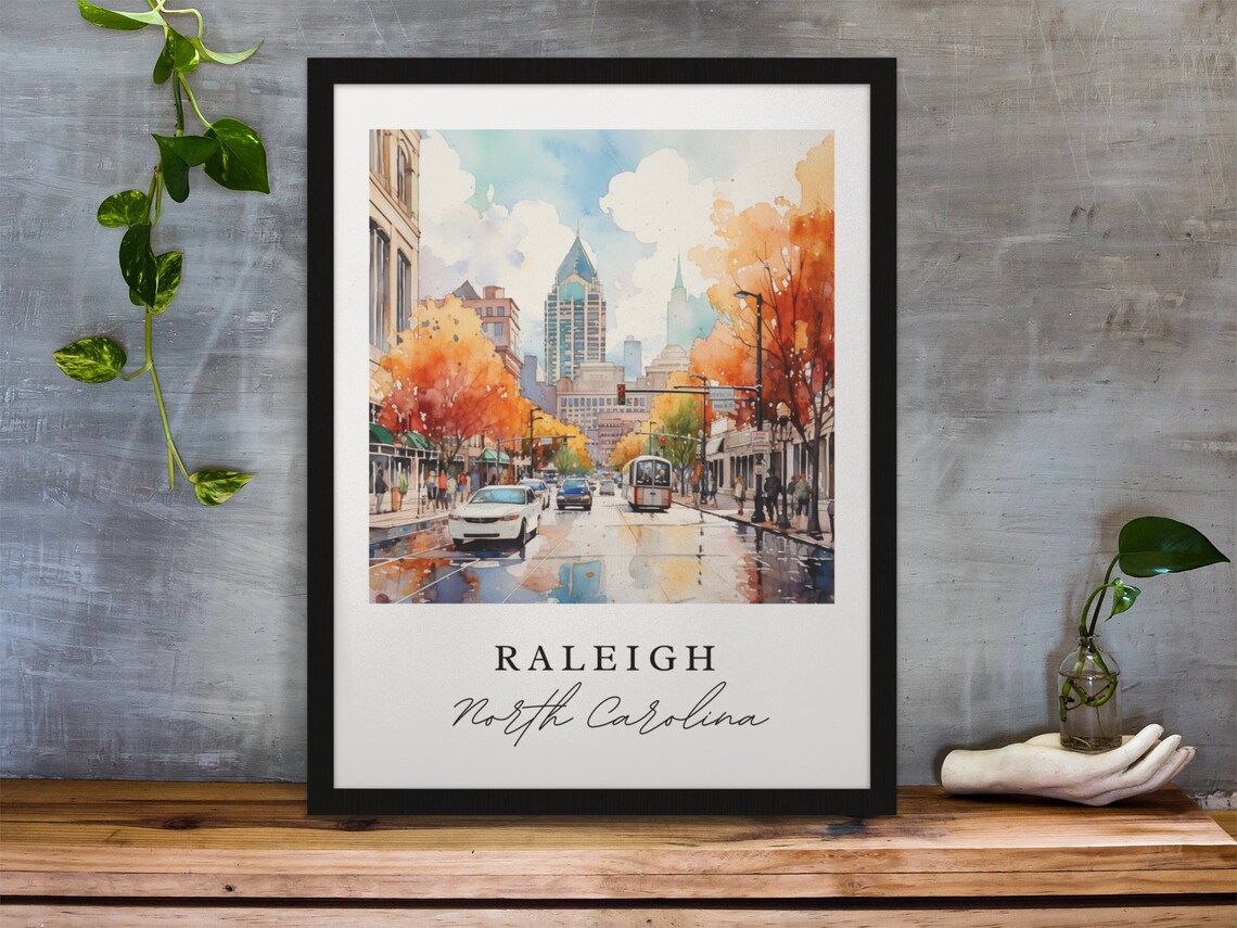 Raleigh North Carolina Watercolor Downtown Street Autumn Poster