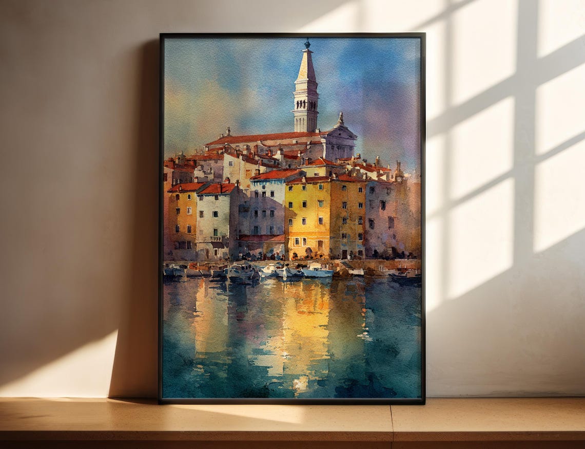 Piran Slovenia Colorful Harbor Bell Tower Watercolor Travel Print