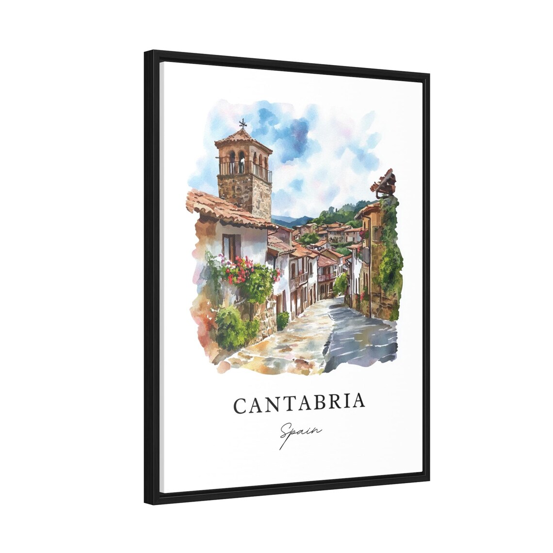 Cantabria Spain Stone Village Church Tower Watercolor Travel Poster - Image 2