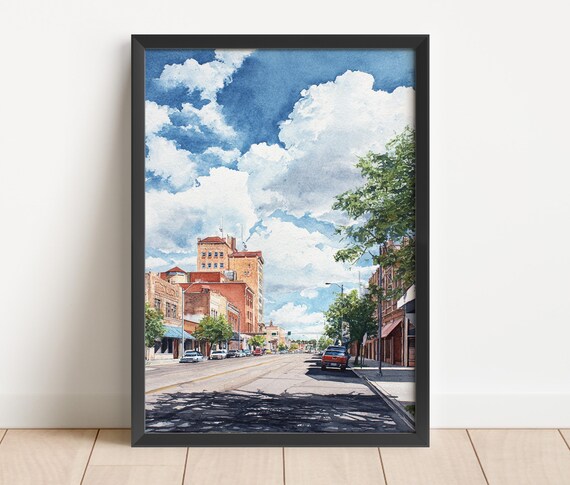 Bismarck North Dakota Historic Downtown Street Summer Watercolor Poster