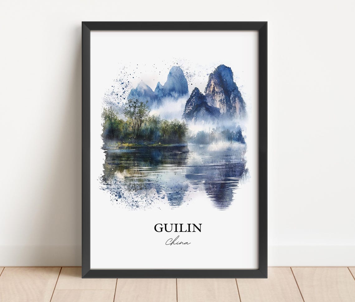 Guilin China Watercolor Karst Mountains Misty River Art Poster - Image 3
