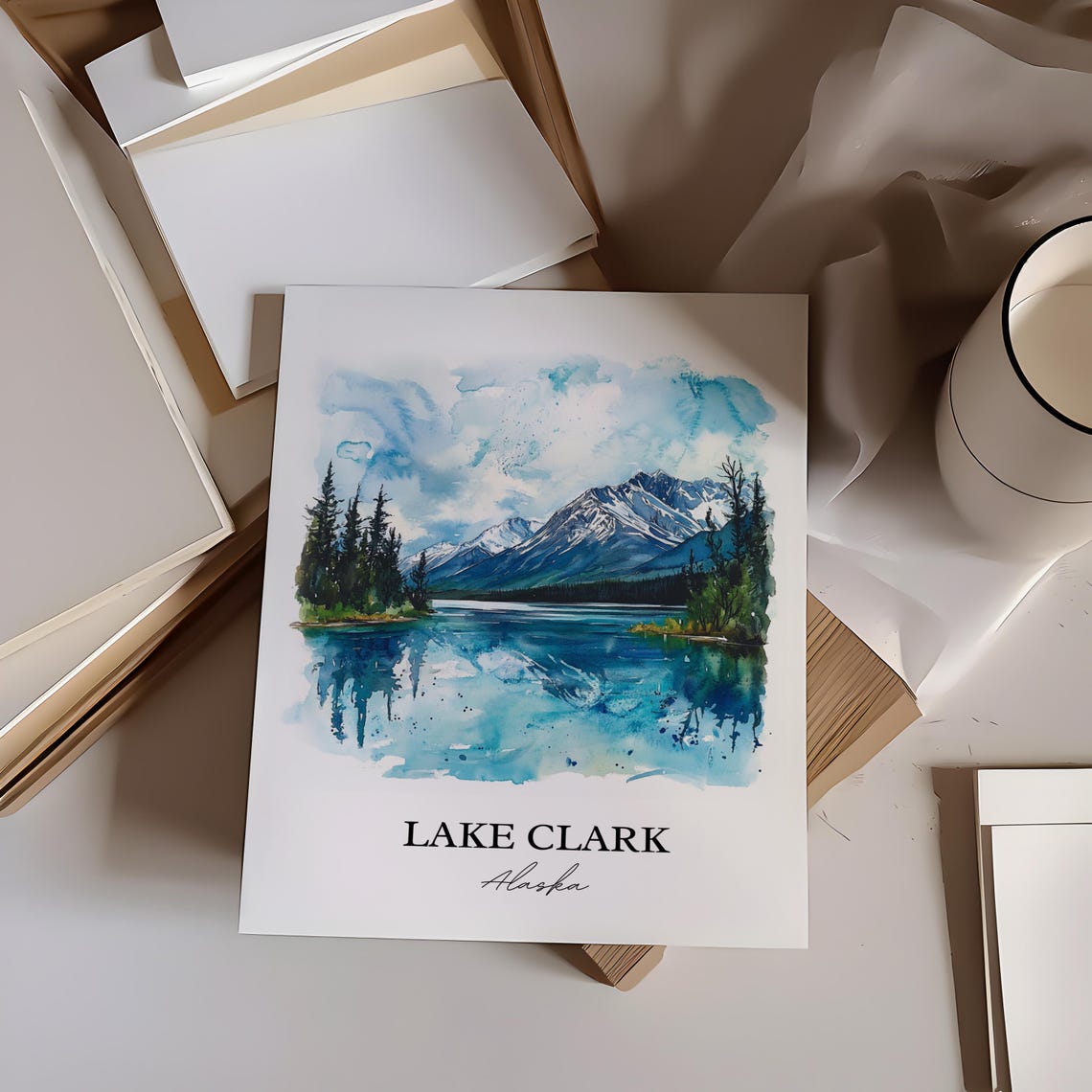 Lake Clark Alaska Mountain Lake Reflection Watercolor Travel Poster - Image 3