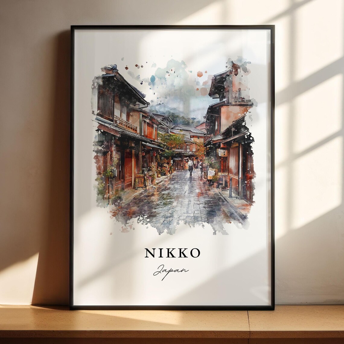 Nikko Japan Watercolor Art Historic Wooden Street Autumn Poster