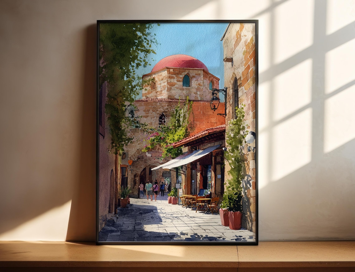 Rhodes Greece Old Town Street Watercolor Travel Poster Dome Church