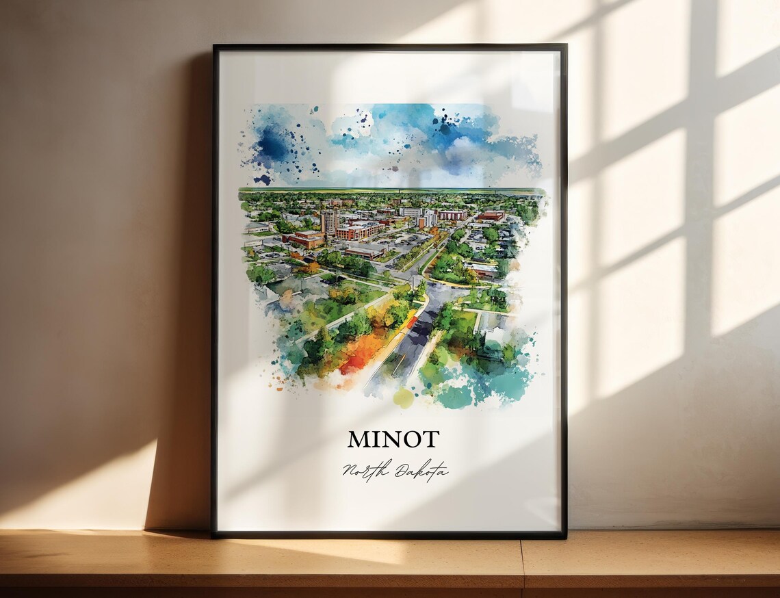 Minot North Dakota Watercolor Downtown Aerial City View Poster