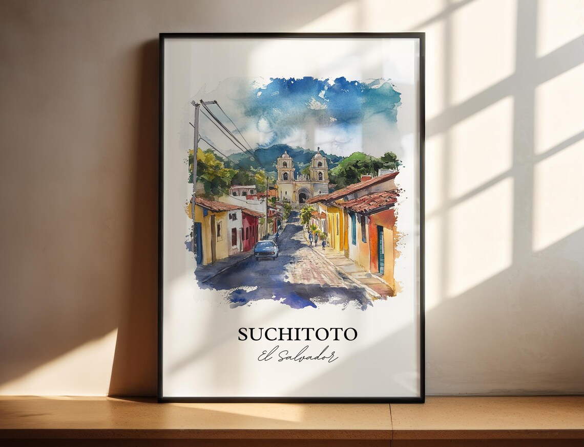 Suchitoto El Salvador Watercolor Colonial Street Church Towers Poster