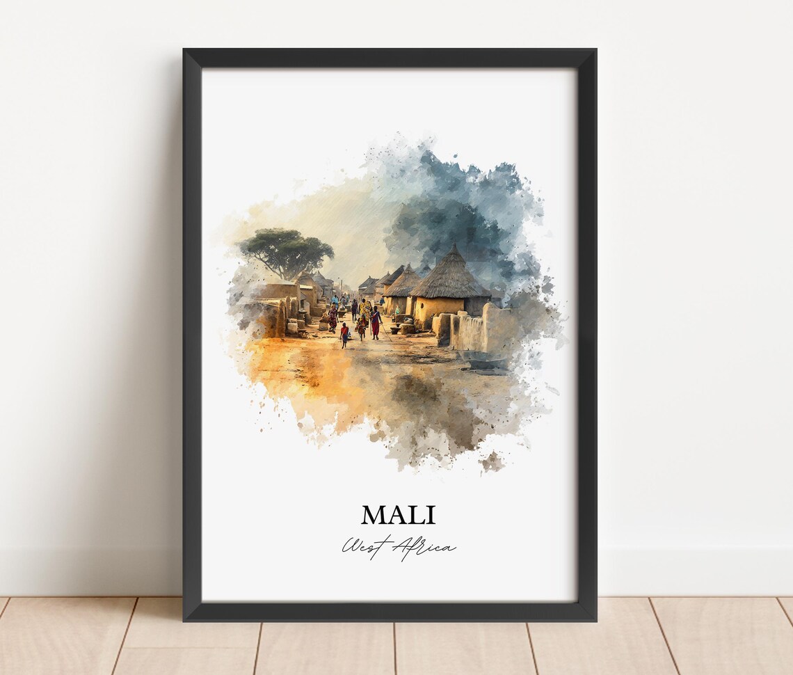 Mali West Africa Thatched Hut Village Street Watercolor Poster - Image 3