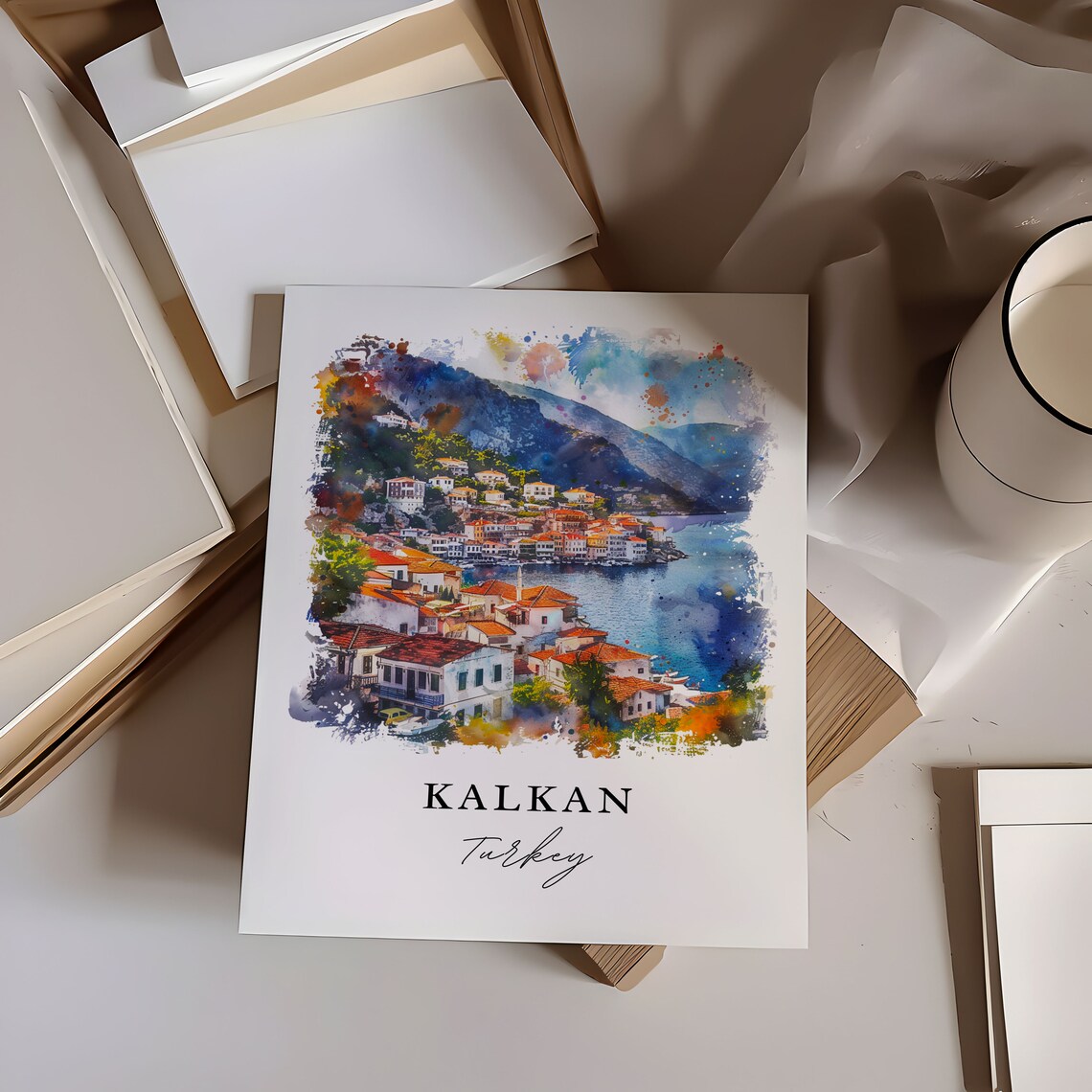 Kalkan Turkey Watercolor Coastal Village Blue Bay Travel Poster - Image 6