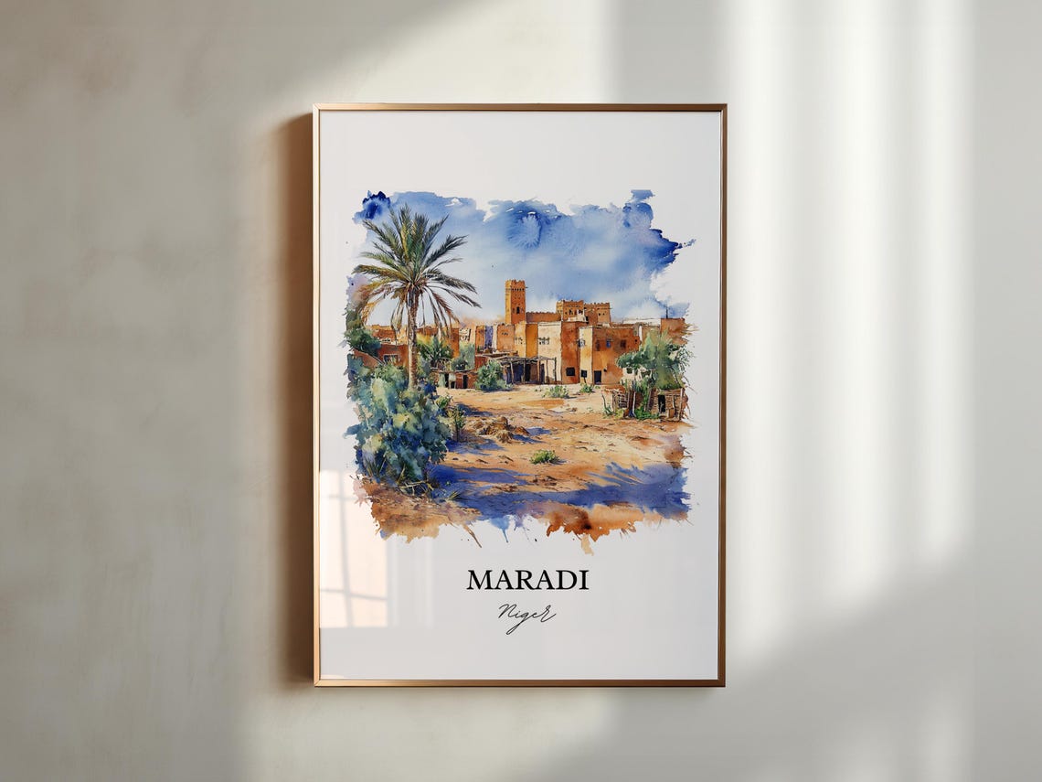 Maradi Niger Desert Town Palm Oasis Watercolor Scene Art Poster - Image 6