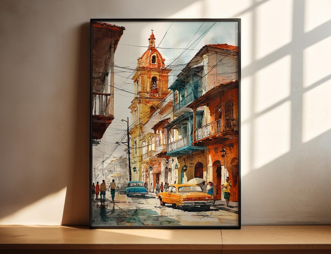 Barranquilla Colombia Watercolor Street Scene Colonial Travel Poster