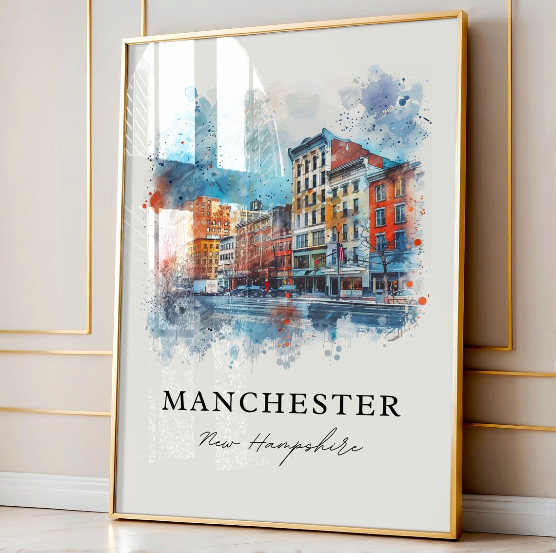 Manchester New Hampshire Downtown Brick Street Watercolor Poster - Image 3