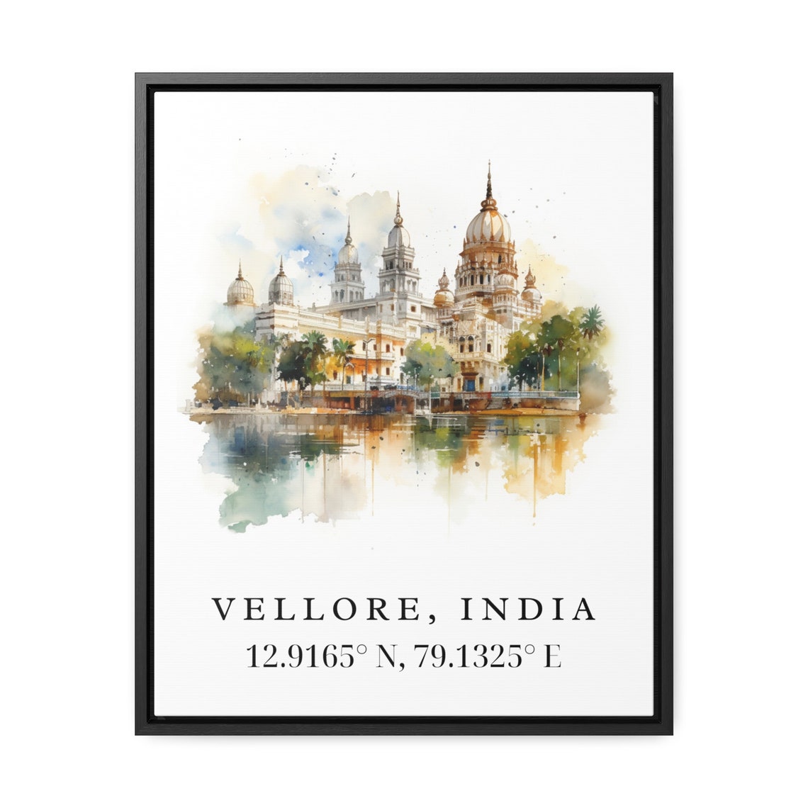 Vellore India Coordinates Golden Temple Reflection Watercolor Poster - Image 2