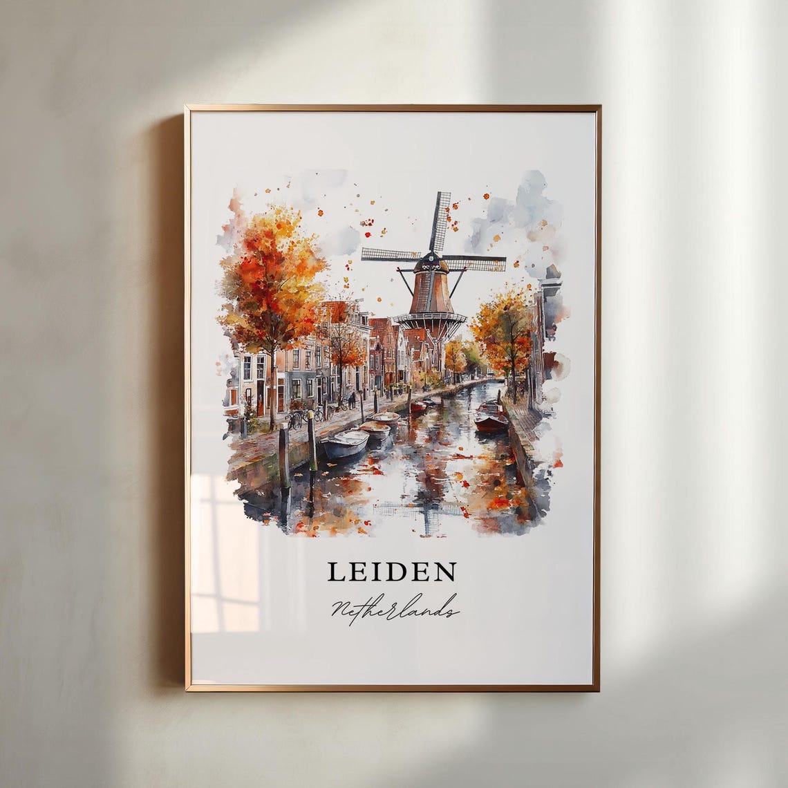 Leiden Netherlands Canal Windmill Autumn Watercolor City Poster