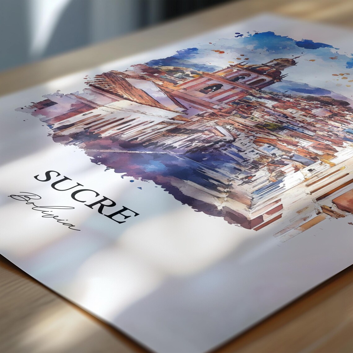 Sucre Bolivia Watercolor Colonial Street Church Tower Travel Poster - Image 6