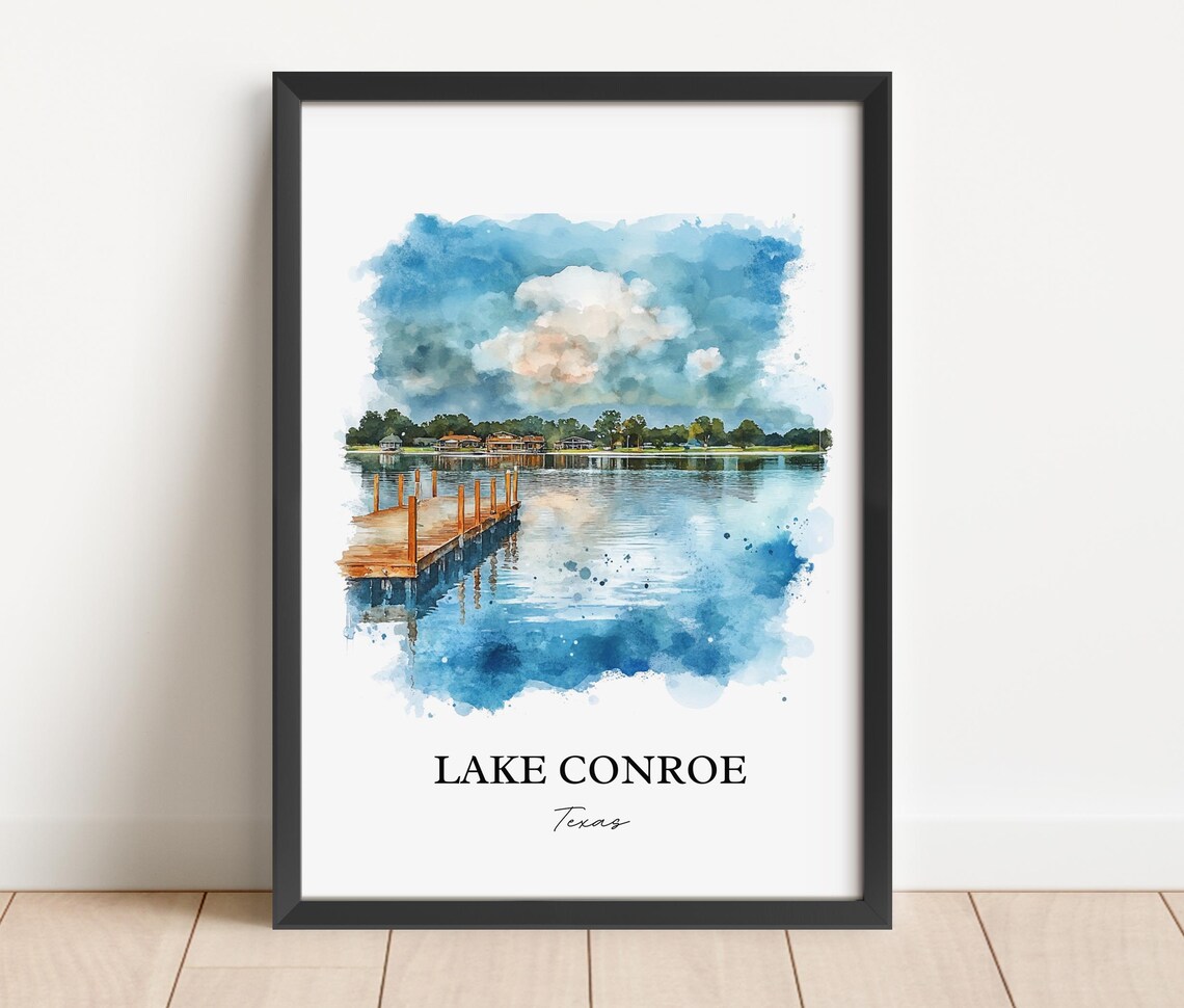 Lake Conroe Texas Scenic Wooden Dock Watercolor Lakeside Poster - Image 2