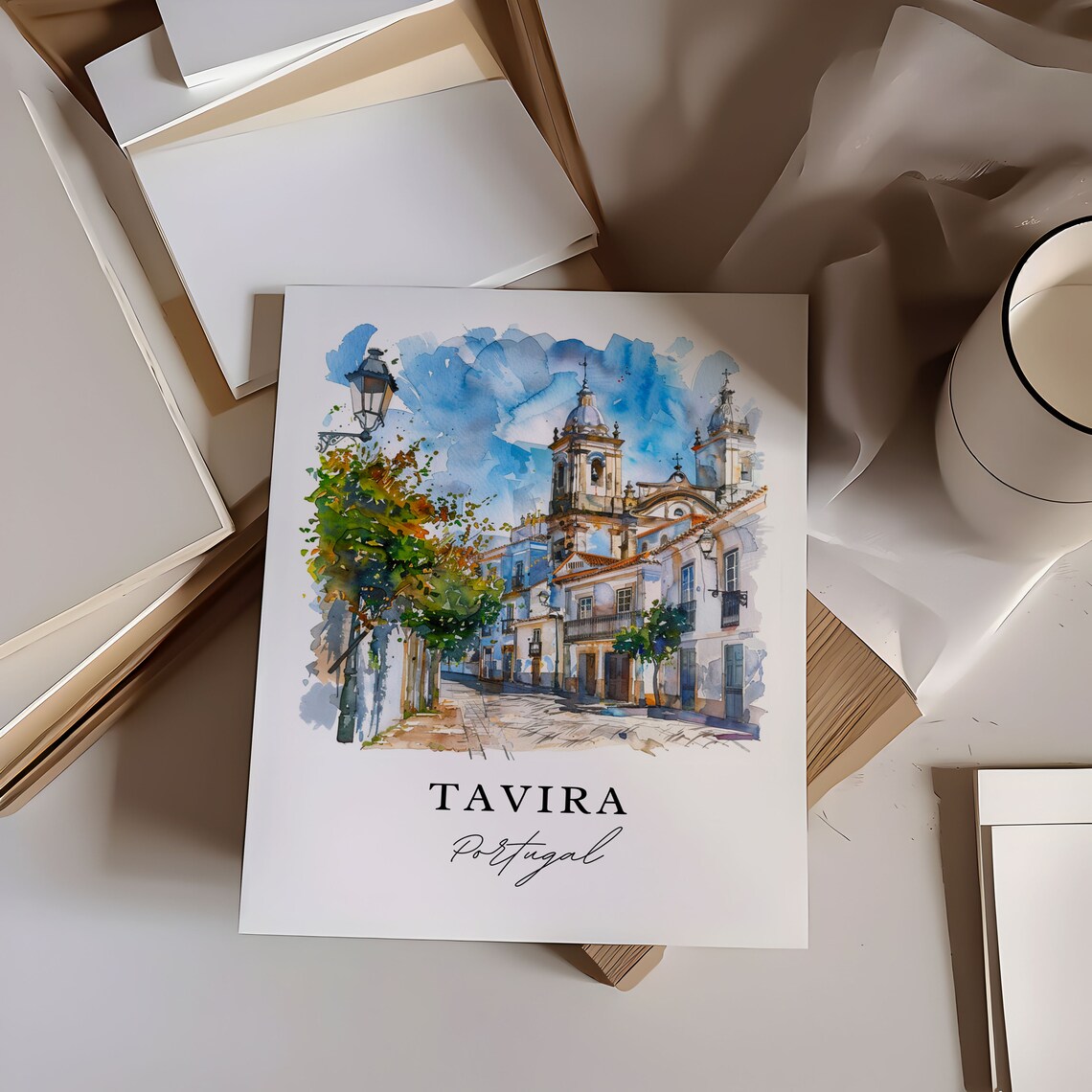 Tavira Portugal Church Towers Street Watercolor Travel Art Poster - Image 6