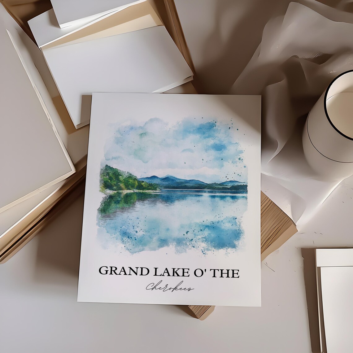 Grand Lake O the Cherokees Mountain Reflection Watercolor Poster - Image 6