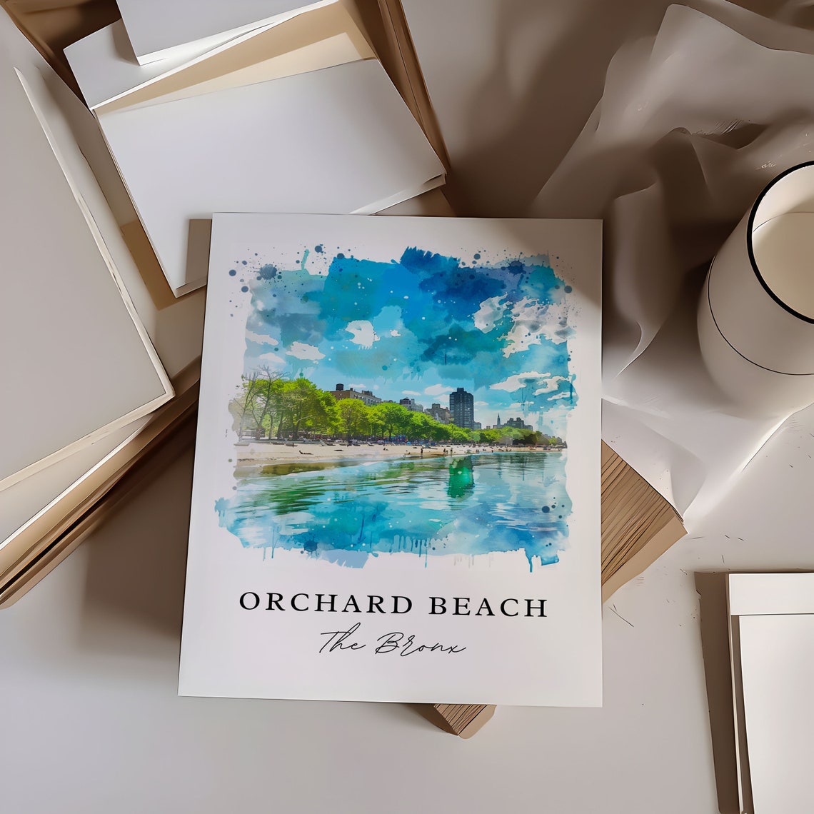 Orchard Beach The Bronx Waterfront Skyline Watercolor Poster - Image 6