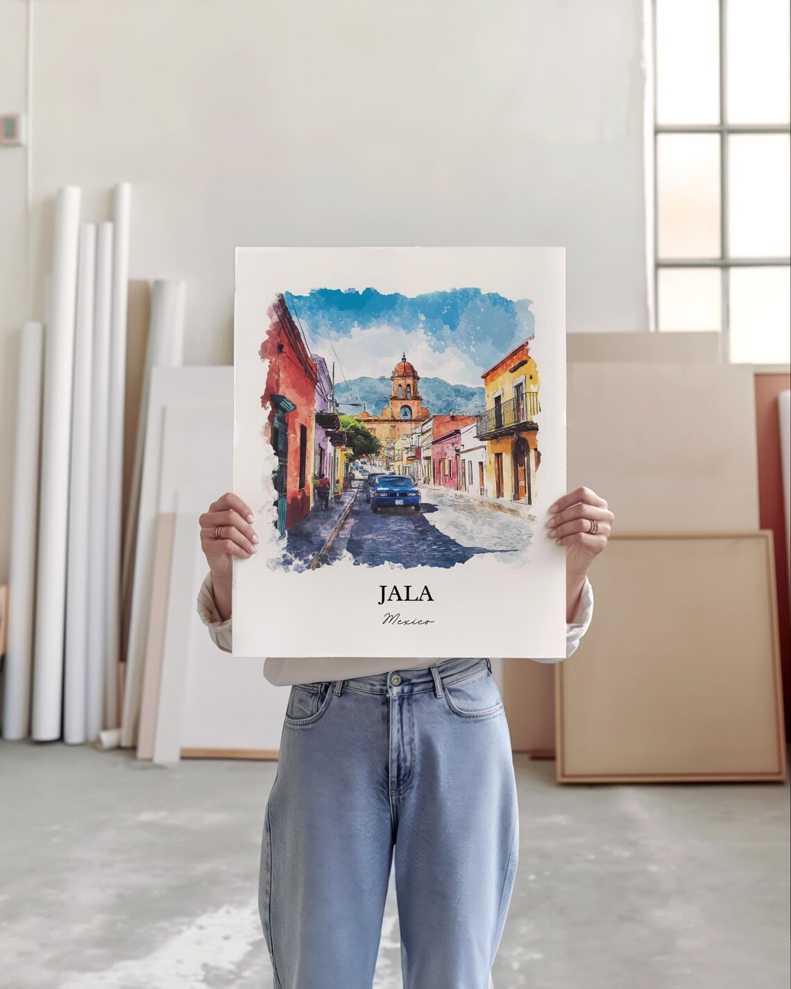 Jala Mexico Colorful Street Church Dome Watercolor Travel Poster - Image 4