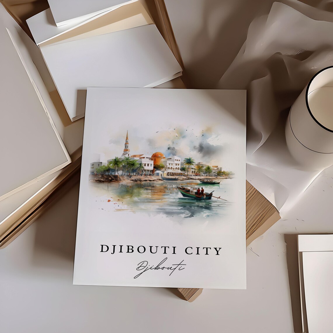 Djibouti City Harbor Watercolor With Minaret And Boats Africa Poster - Image 2